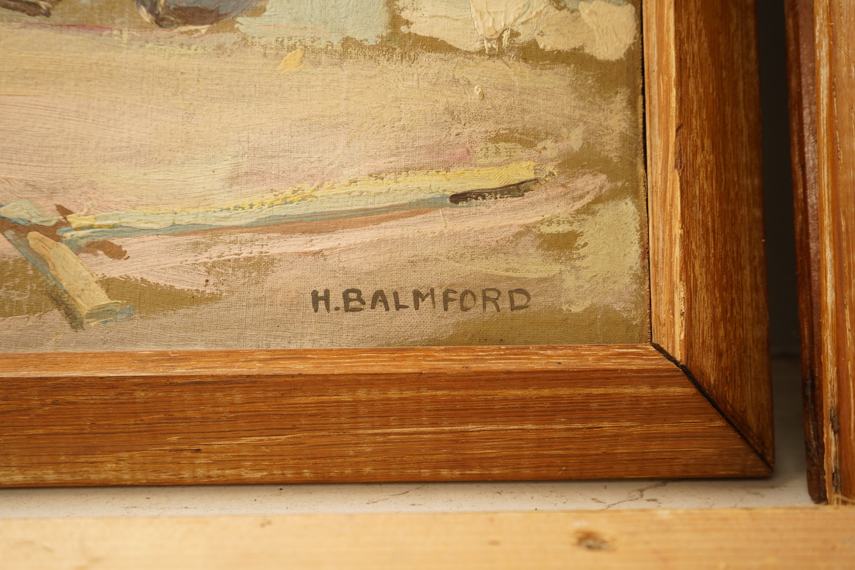 Hurst Balmford (1871-1950), Coastal view, harbour view and street scene, each signed, set of three oils on canvas laid onto board, 40 x 50cm